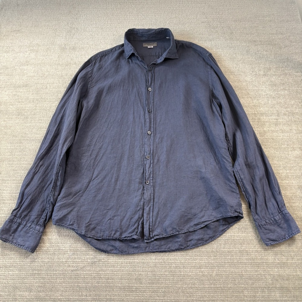 Ferrante Button Down Shirt Men 16.5 Blue Linen Slim Fit Coastal Classic Beachy